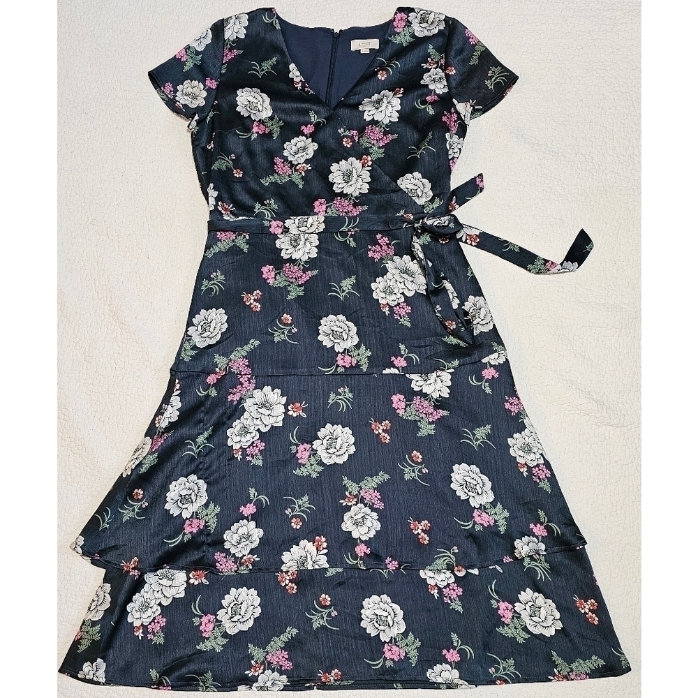 Loft Floral Print Faux Wrap Tiered Hem Silky Dress